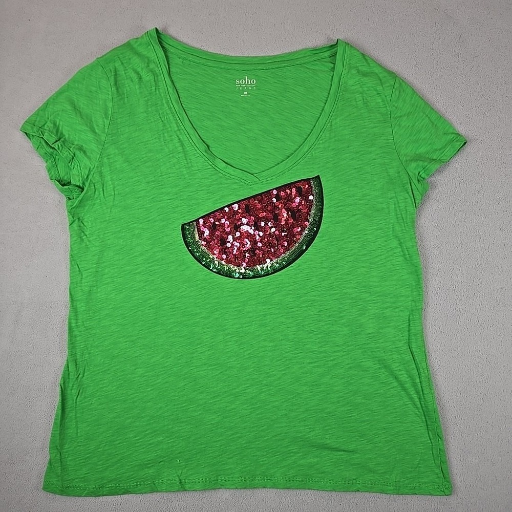 New York & Company Women's‎ T Shirt Size XXL Green With Sequins Watermelon